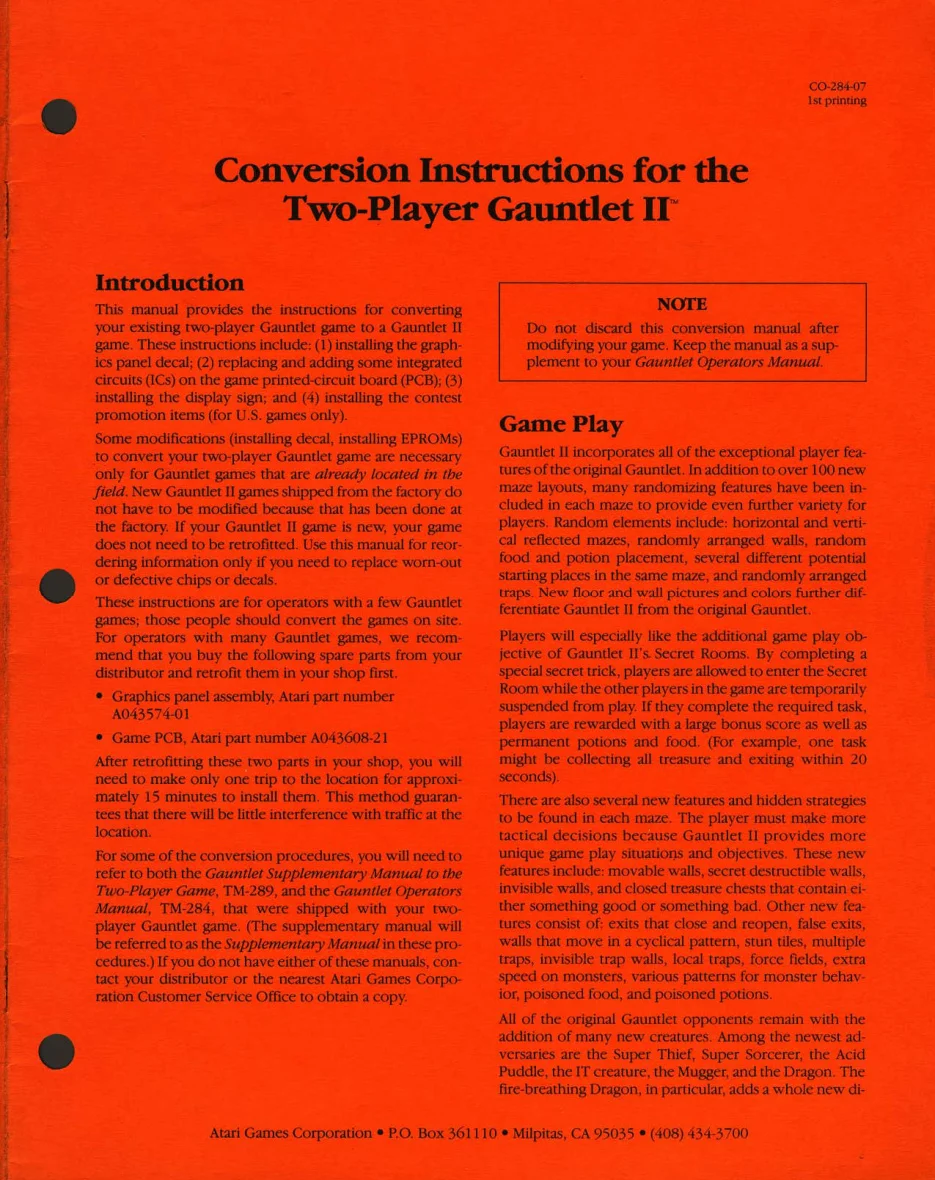 gauntlet ii co-284-07 two player conversion kit instructions|bally-midway|games|1st printing.webp