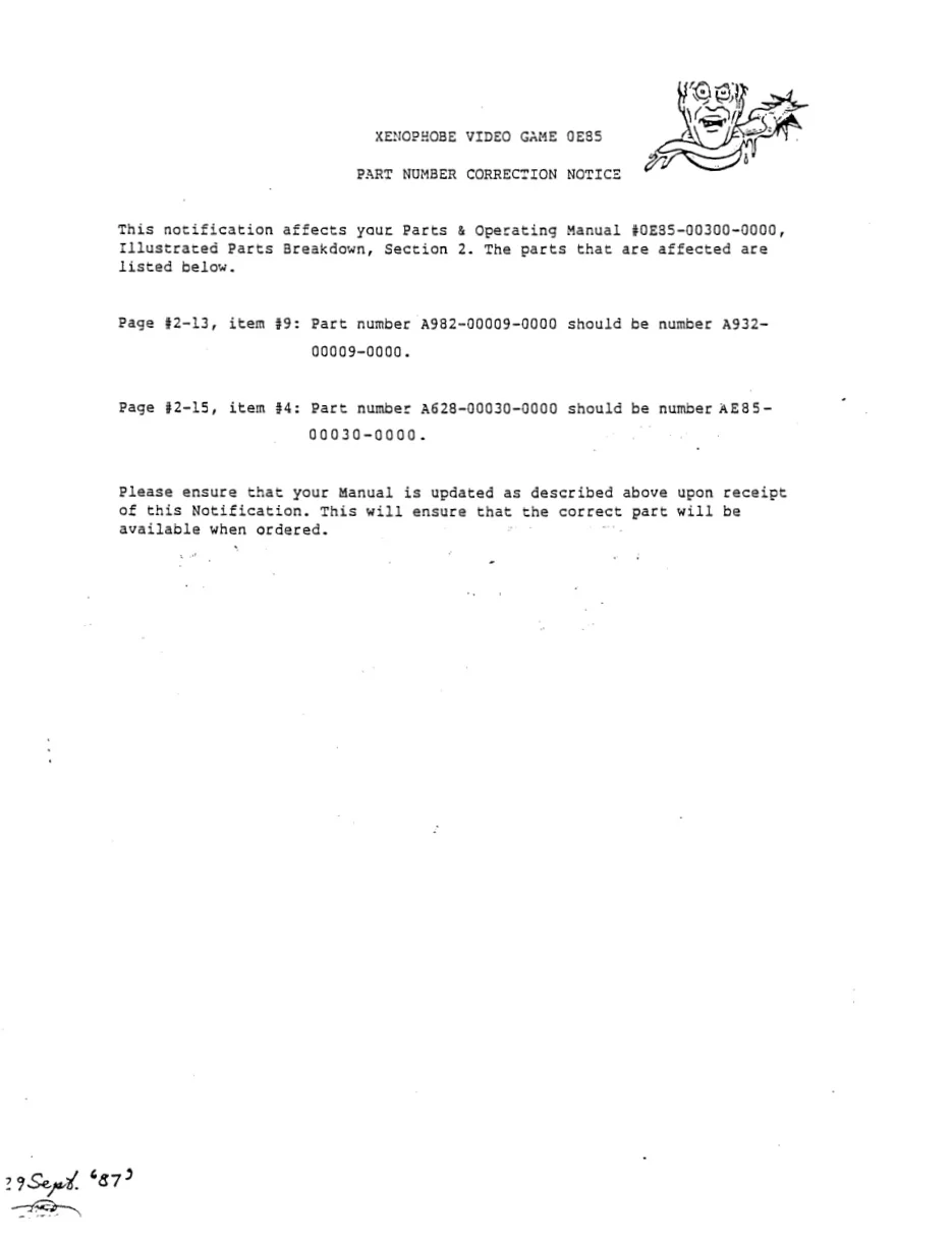 xenophobe number correction service bulletin|bally-midway|games|.webp