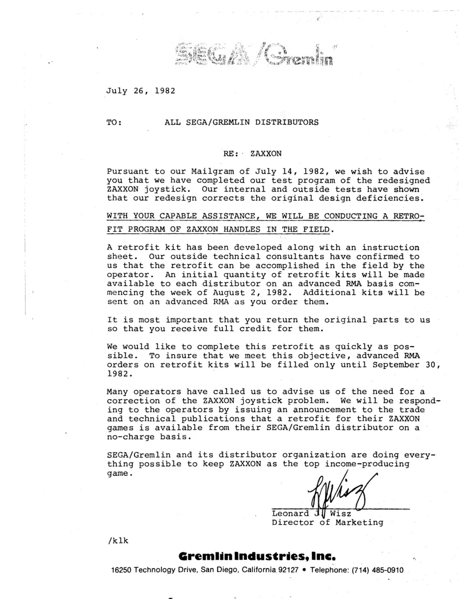 zaxxon notification of redesign joystick service bulletin|sega|games|.webp